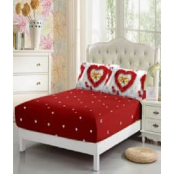 Lenjerie de pat 2 persoane, bumbac finet, 6 piese cu elastic, rosu \inimioare, cod B827