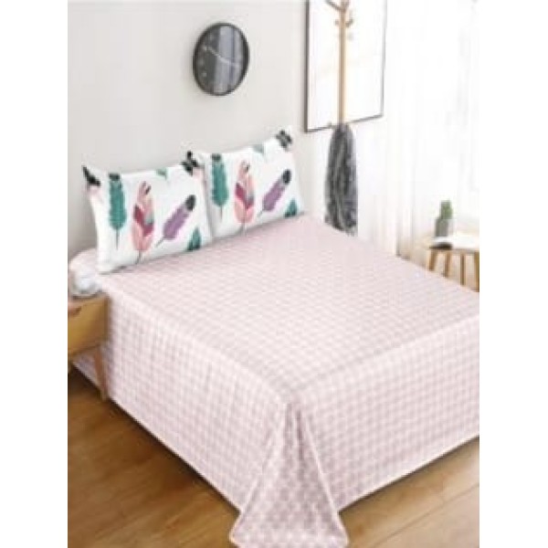 Set lenjerie de pat, din bumbac finet, 6 piese, pat 2 persoane, alb, imprimeu pene, 200X230cm, cod C-637