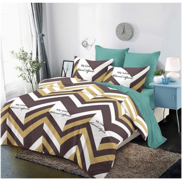 Lenjerie de pat 2 persoane, bumbac finet, 6 piese cu elastic, multicolor, geometric, cod B-556