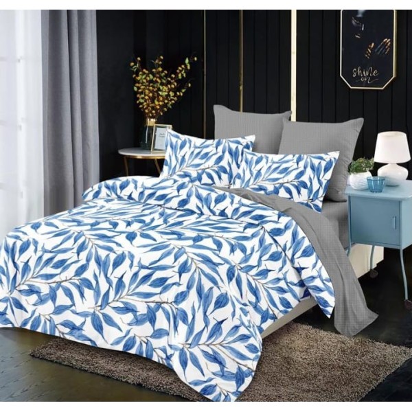 Lenjerie de pat 2 persoane, bumbac finet, 6 piese cu elastic, alb-albastru cu frunze, cod B-524