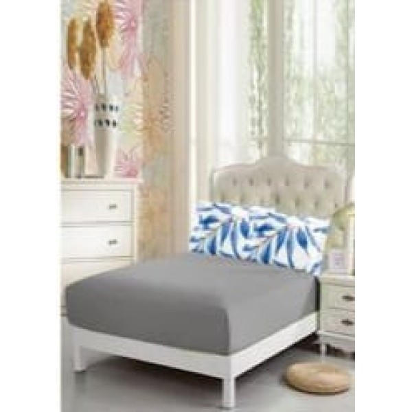 Lenjerie de pat 2 persoane, bumbac finet, 6 piese cu elastic, alb-albastru cu frunze, cod B-524