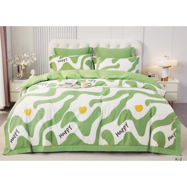 Lenjerie  finet 6 piese,luxury design, alb/verde, imprimeu happy, cod K2 
