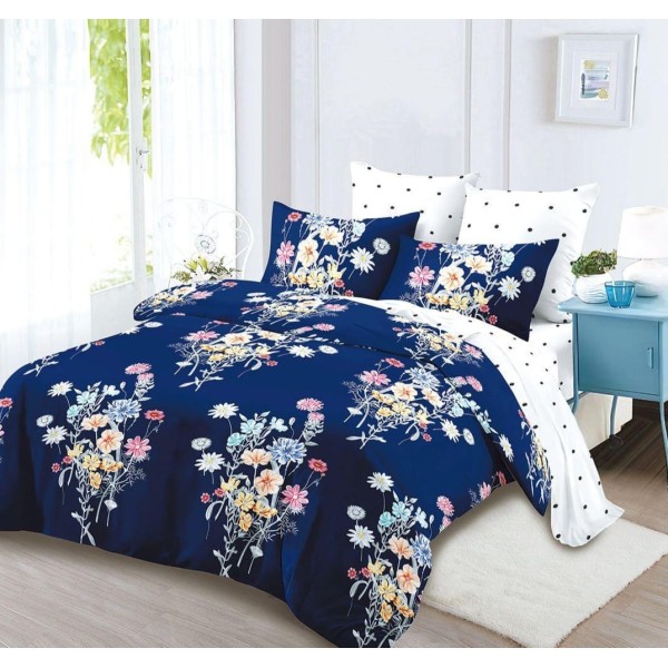 Lenjerie de pat 2 persoane, bumbac finet, 6 piese, albastru, floral cod c31