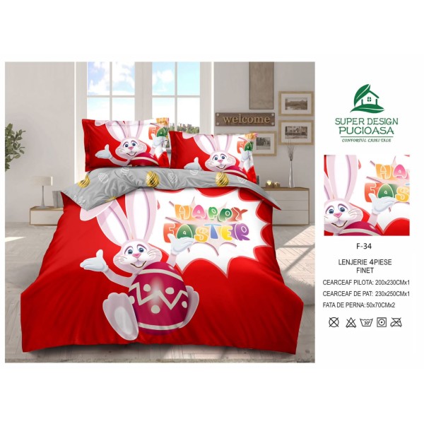 Set lenjerie de pat, din bumbac finet, 4 piese, pat 2 persoane, 200X230cm, tematica Paste, cod PS34