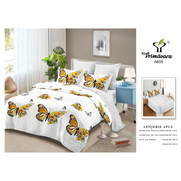 Lenjerie de pat 2 persoane, bumbac finet, 6 piese, alb, cod A605
