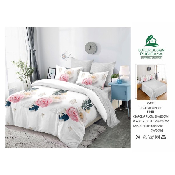 Lenjerie de pat 2 persoane, bumbac finet, 6 piese, alb ,flori,cod C698