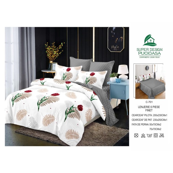 Lenjerie de pat 2 persoane, bumbac finet, 6 piese, alb,cod C701