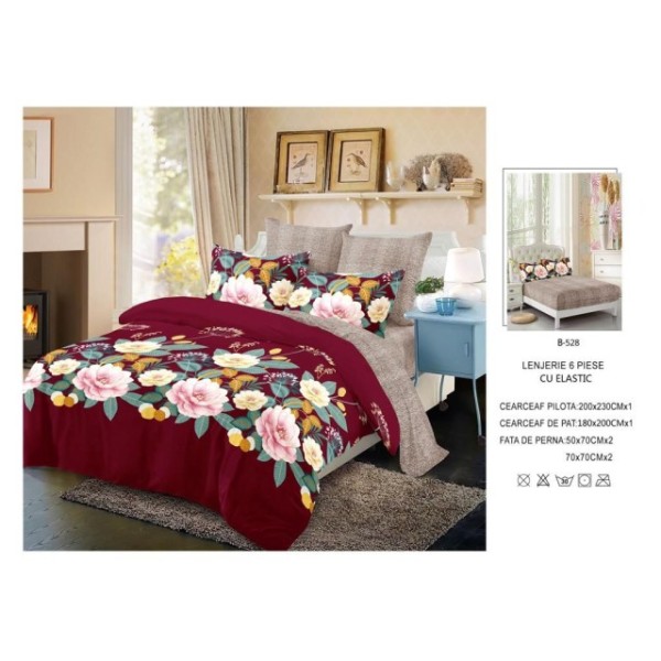 Lenjerie de pat 2 persoane, bumbac finet, 6 piese cu elastic, rosu, florar, cod B528
