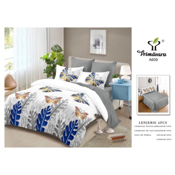 Lenjerie de pat 2 persoane, bumbac finet, 6 piese, A609