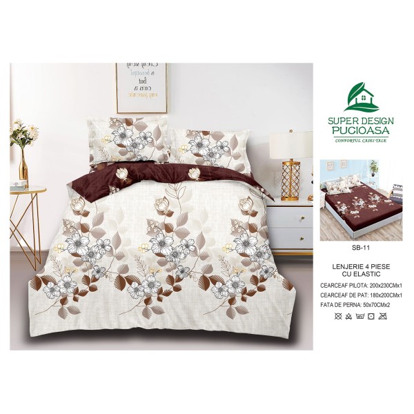Lenjerie de pat 2 persoane, 4 piese, din finet bumbac, Pucioasa, cearceaf cu elastic, cod SB11