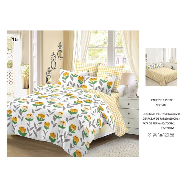 Lenjerie de pat 2 persoane, bumbac finet, 6 piese, alb, flori galbene, cod SP1