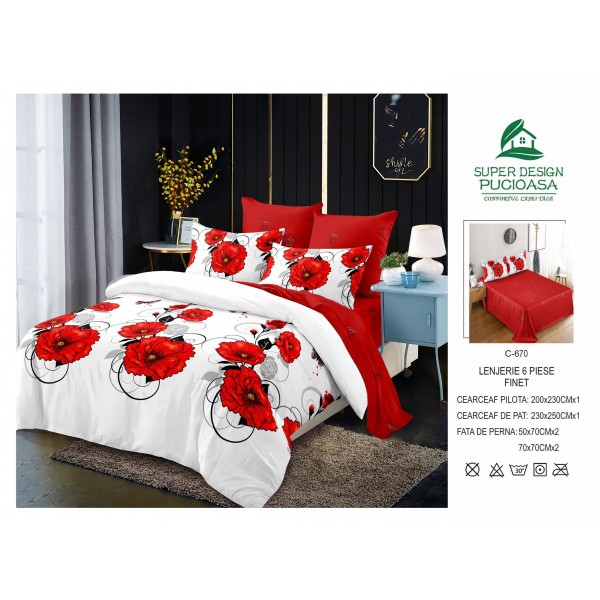 Lenjerie de pat 2 persoane, bumbac finet, 6 piese, alb,cod C670