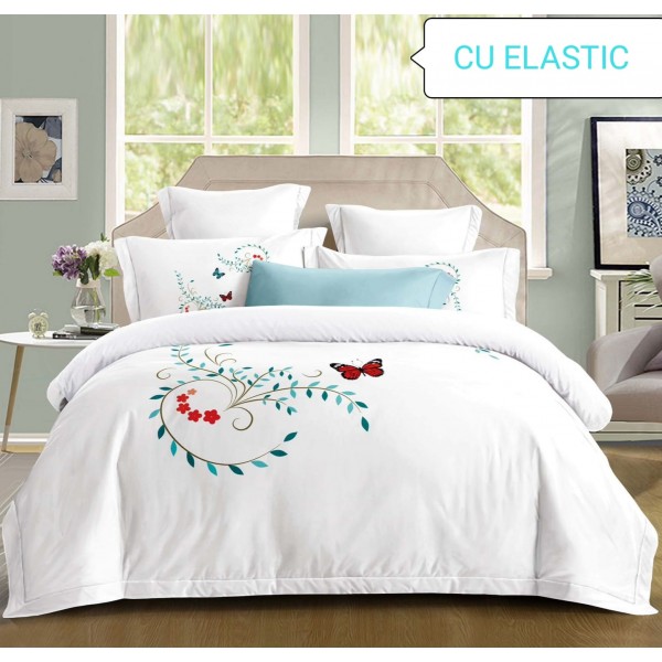 Lenjerie pat dublu, Bumbac Fin, CEARCEAF CU ELASTIC,4 Piese, Alb, Cod BG8006