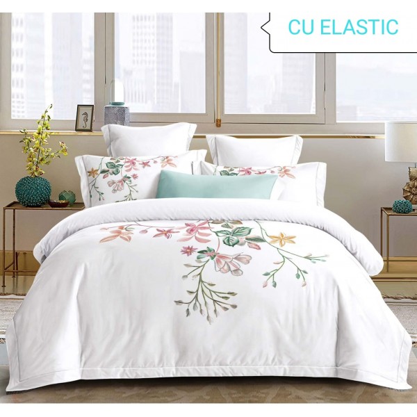 Lenjerie pat dublu, Bumbac Fin, CEARCEAF CU ELASTIC,4 Piese, Alb, Cod BG8019