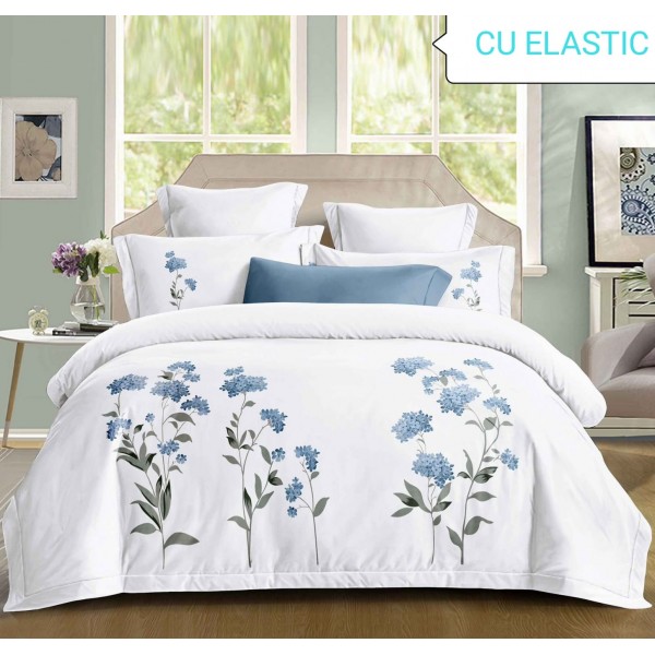 Lenjerie pat dublu, Bumbac Fin, CEARCEAF CU ELASTIC,4 Piese, Alb, Cod BG8002