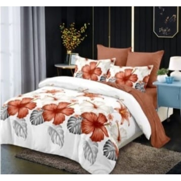 Lenjerie de Pat Primăvara din Bumbac Finet, 6 Piese - Model Floral cu Flori de Hibiscus, Cod- B991