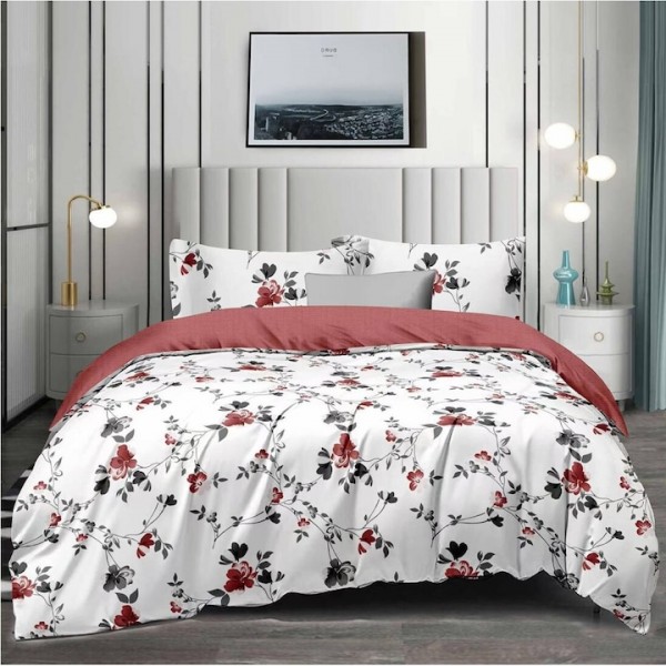 Lenjerie de pat 2 persoane, bumbac finet, 6 piese, alb cu albastru, imprimeu pene, cod SS4