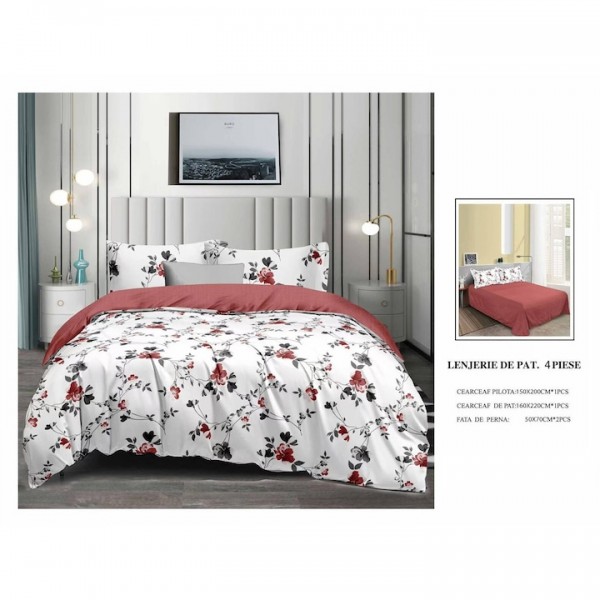 Lenjerie de pat 2 persoane, bumbac finet, 6 piese, alb cu albastru, imprimeu pene, cod SS4