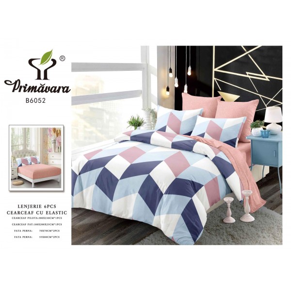Lenjerie de pat 2 persoane, bumbac finet, 6 piese cu elastic, Cod B6052