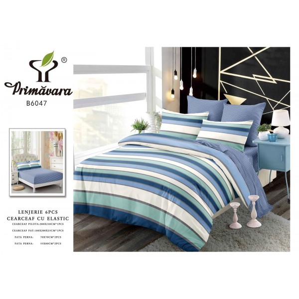 Lenjerie de pat 2 persoane, bumbac finet, 6 piese cu elastic, Cod B6047
