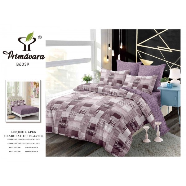 Lenjerie de pat 2 persoane, bumbac finet, 6 piese cu elastic, Cod B6039