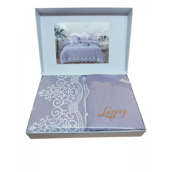 Lenjerie pat dublu, Bumbac Fin cu Dantela si broderie rafinata, cerceaf cu elastic 180x200 Cod PI10