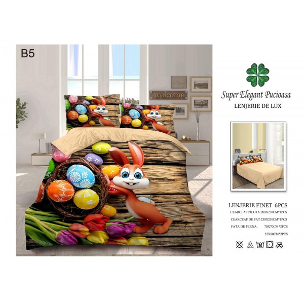 Lenjerie din bumbac, tip finet, 6 piese, tematica Paste, cod B5