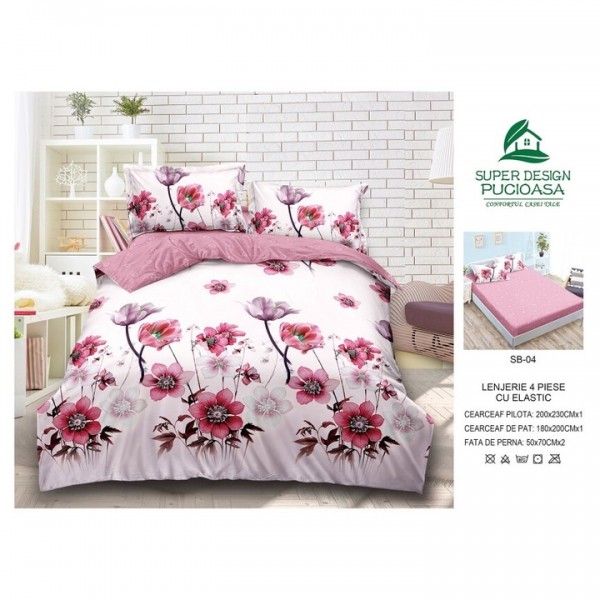 Lenjerie de pat 2 persoane, 4 piese, din finet bumbac, Pucioasa, cearceaf cu elastic, cod SB04