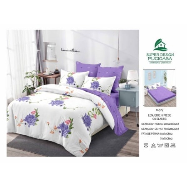 Lenjerie de pat 2 persoane, bumbac finet, 6 piese cu elastic, cod B672