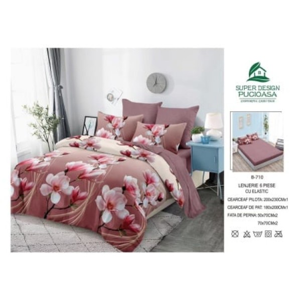 Lenjerie de pat 2 persoane, bumbac finet, 6 piese cu elastic, cod B710