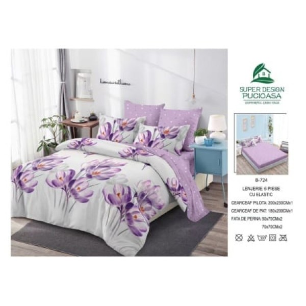 Lenjerie de pat 2 persoane, bumbac finet, 6 piese cu elastic, cod B724