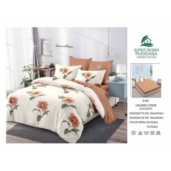 Lenjerie de pat 2 persoane, bumbac finet, 6 piese cu elastic, cod B661