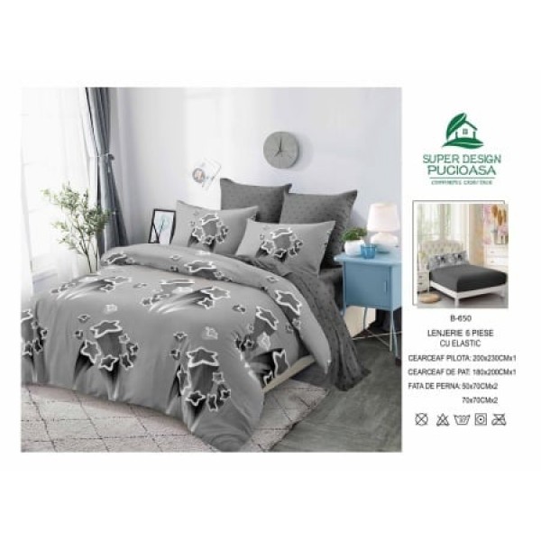 Lenjerie de pat 2 persoane, bumbac finet, 6 piese cu elastic, cod B650