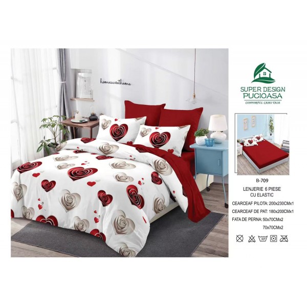 Lenjerie de pat 2 persoane, bumbac finet, 6 piese cu elastic, cod B709