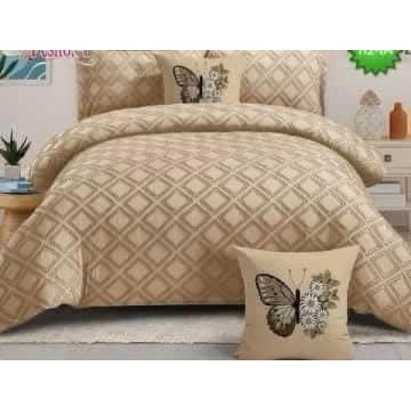 Lenjerie pat dublu din bumbac finetat ,cu smocuri brodate, 6 piese, cu elastic, crem, cod JH2-64