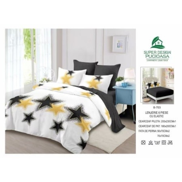 Lenjerie de pat 2 persoane, bumbac finet, 6 piese cu elastic, cod B703