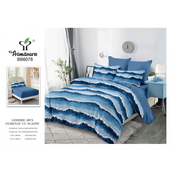 Set Lenjerie de Pat 6 Piese cu Elastic Model Valuri - Primăvara, Cod BB6078