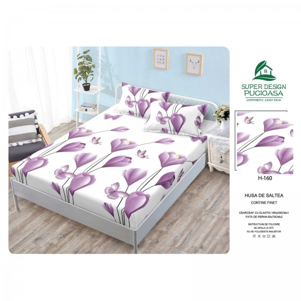 Carceaf cu elastic, bumbac finet, 160x200cm,2 fete de perna 50x70 cm cod H160