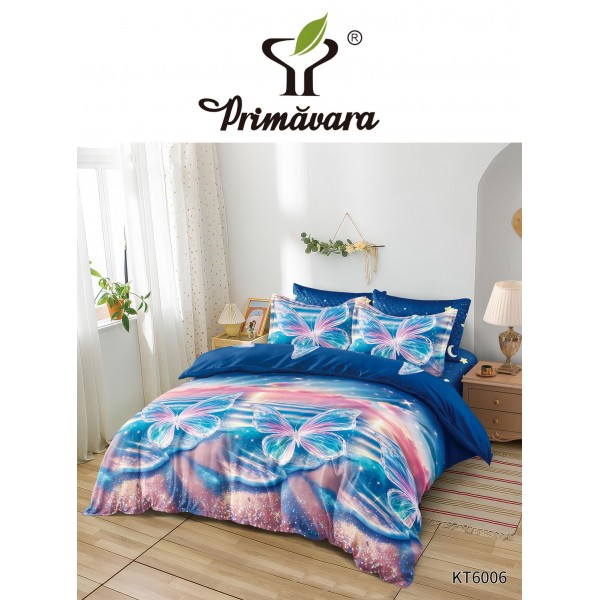  Lenjerie de Pat Primăvara din Bumbac Finet, 6 Piese - Model Fluturi și Cer Înstelat Cod KT6006.