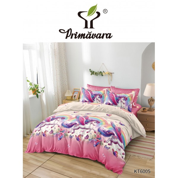  Lenjerie de Pat Primăvara din Bumbac Finet, 6 Piese - Model Unicorni și Curcubeu Cod: KT6005.