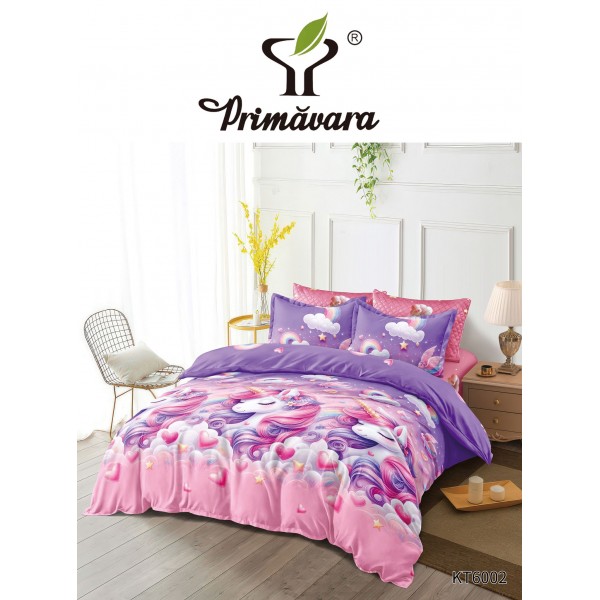  Lenjerie de Pat Primăvara din Bumbac Finet, 6 Piese - Model Unicorni și Inimi Cod KT6002
