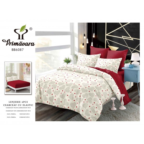 Set de lenjerie de pat BB6087 - Primavera - 6 piese cu inimioare Cod BB6087.