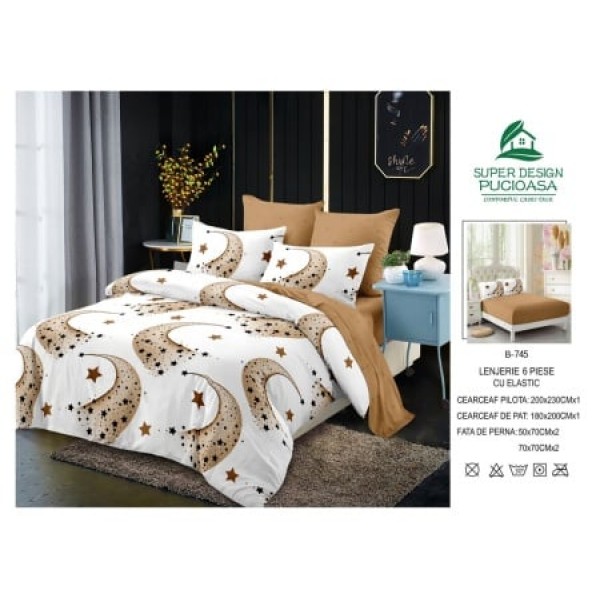 Lenjerie de pat 2 persoane, bumbac finet, 6 piese cu elastic , multicolr, cod B745.