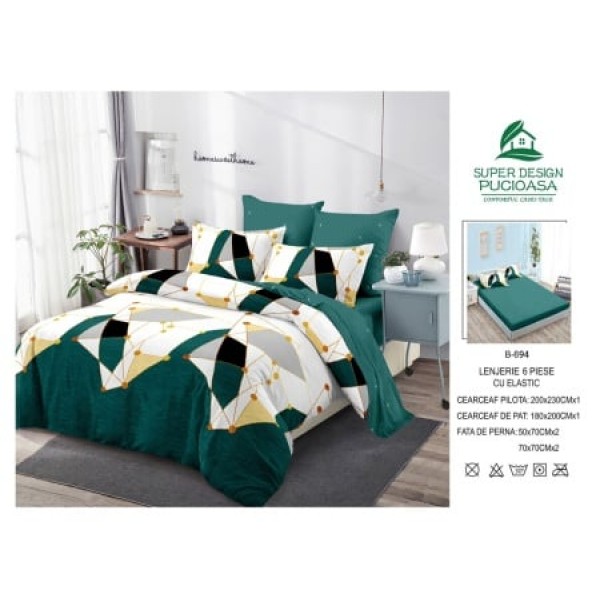 Lenjerie de pat 2 persoane, bumbac finet, 6 piese cu elastic , multicolr, cod B694