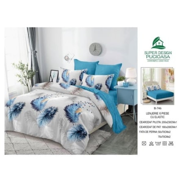 Lenjerie de pat 2 persoane, bumbac finet, 6 piese cu elastic , multicolr, cod B746