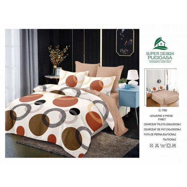 Lenjerie de pat 2 persoane, bumbac finet, 6 piese, crem  ,cercuri,cod C780