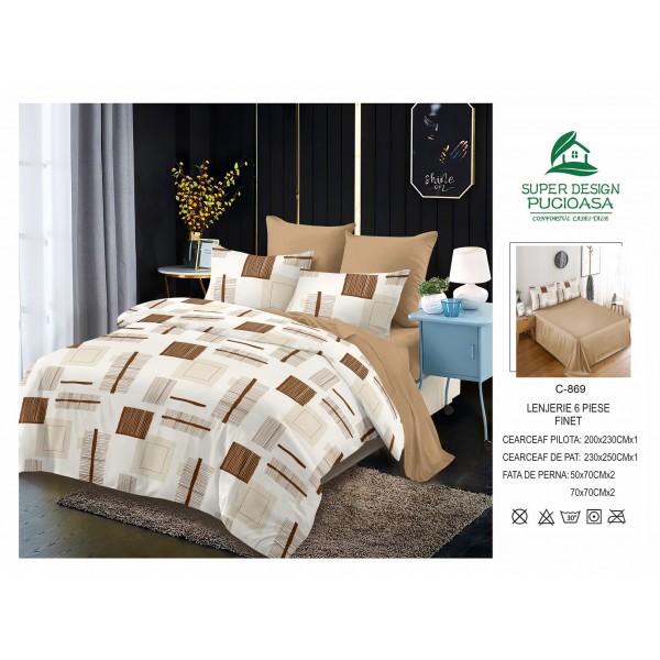 Lenjerie de pat 2 persoane, bumbac finet, 6 piese, crem, cod C869