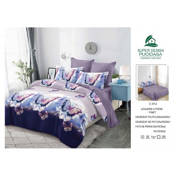Lenjerie de pat 2 persoane, bumbac finet, 6 piese, cod C912
