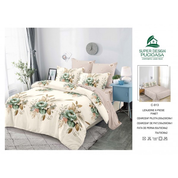 Lenjerie de pat 2 persoane, bumbac finet, 6 piese, cod C913