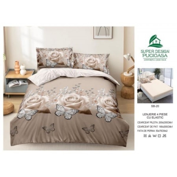 Lenjerie de pat 2 persoane, 4 piese, din finet bumbac, Pucioasa, cearceaf cu elastic, cod SB20
